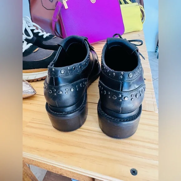 REBECCA MINKOFF Black Leather Hollis Oxford Studded Fringe Shoe Mocassin - Picture 4 of 7